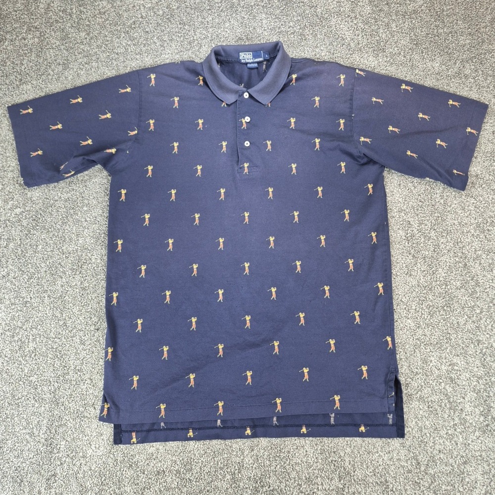 Vintage Polo Ralph Lauren Polo Shirt Mens Large Blue All Over Print Golf